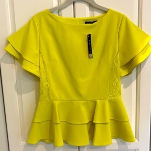 Gracia Flutter Sleeve Top Blouse Peplum Neon Highlighter 🎾 Lace Details Small